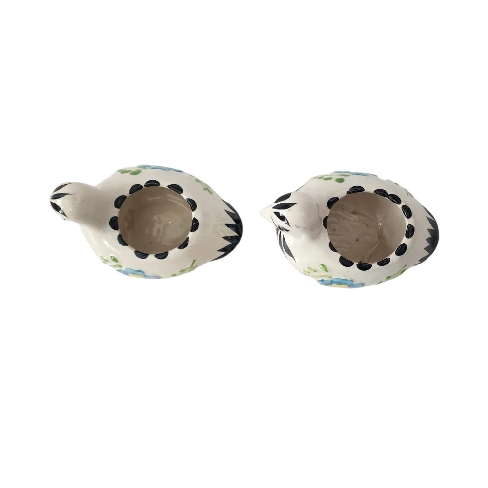 2 Mexican Ceramic Birds Blue Green Floral Print 3D Planters Hand Painted